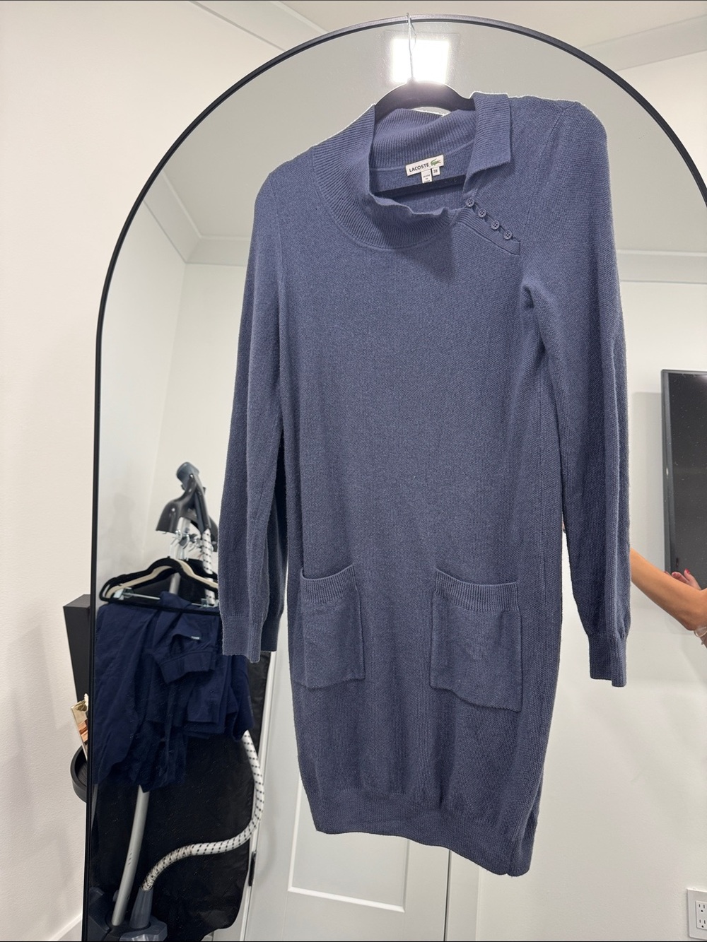 Lacoste Navy Long-Sleeve new wool Dress with Button Shoulder